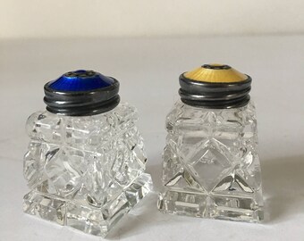Norway Hroar Prydz Silver Blue Yellow Guilloche Enamel Glass Salt Pepper Shakers Mid Century