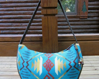Hobo Bag Purse Shoulder Bag Handbag Brown Leather Southwest Blanket Wool from Pendleton Oregon