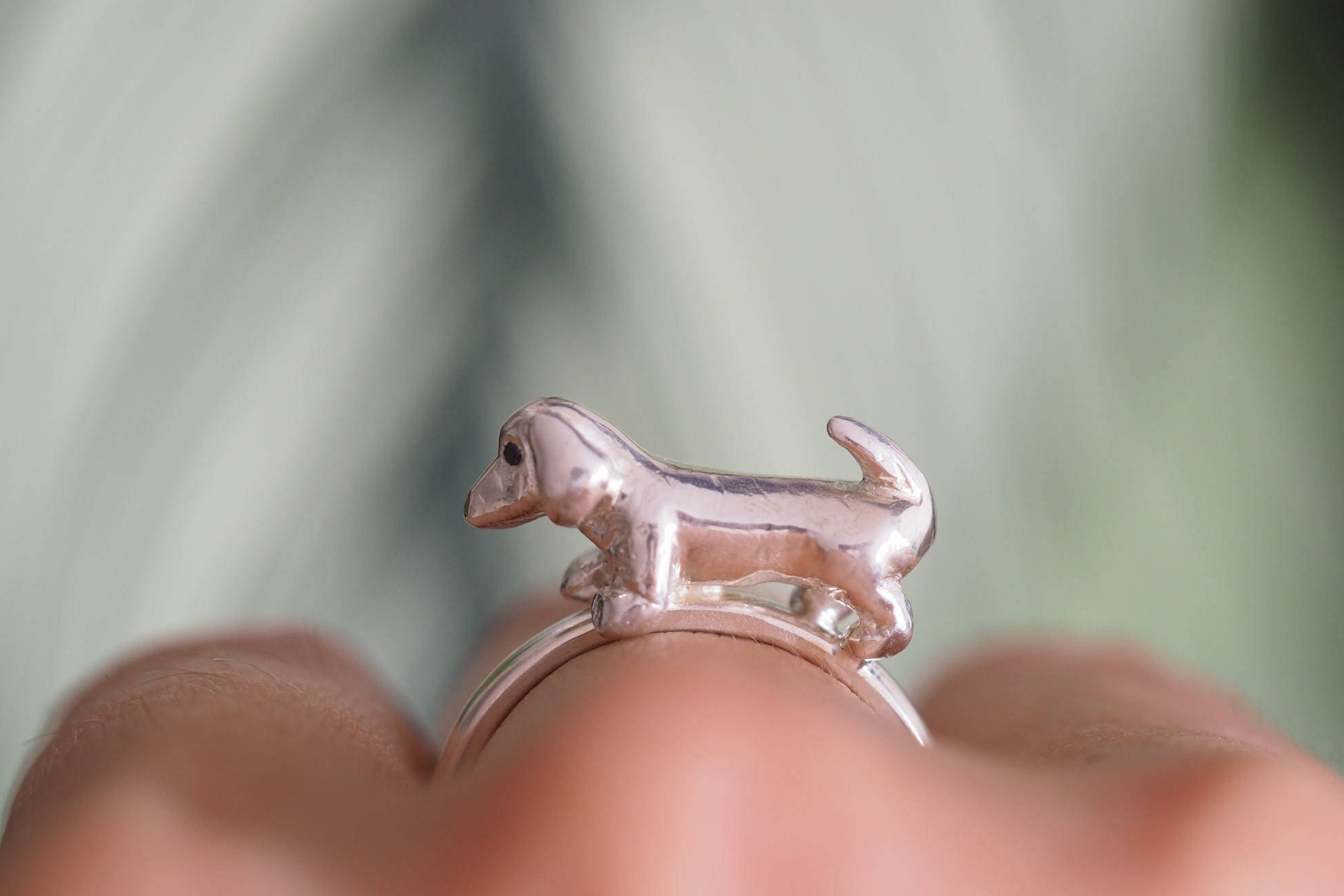 Sausage Dog Ring Sterling Silver Dog Ring Black Diamond