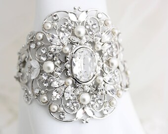 Bridal Cuff Bracelet Bridal Bracelet Wide Cuff Silver Crystal Cuff Wedding Jewelry Swarovski Crystal Bracelet Vintage Style Bracelet