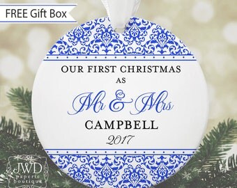 Couples Ornament Personalized First Christmas Ornament Wedding Christmas Ornament Newlywed Gift - Jazzy Damask Pattern-Choice of 30 Colors