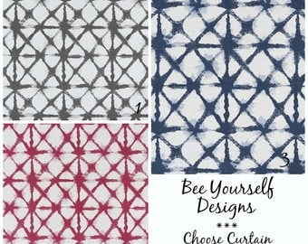 Shibori Curtains, Pair of Rod Pocket Panels, Premier Prints Shibori Net Flax ~ Blue, Grey, Raspberry, Choose Color & Size
