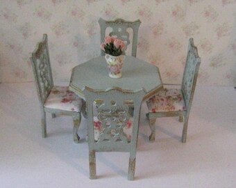 Dollhouse table, Hexagon table, four chairs,Dining room, Dollhouse table set, Duck egg blue one twelfth scale, dollhouse miniature