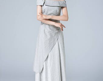 gray dress, linen dress, off shoulder dress, romantic dress, maxi dress, ladies dresses, party dress, layered dress, handmade dress 1778