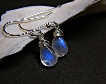Rainbow moonstone earrings, June birthstone earrings, PETITE moonstone dangle earrings in sterling silver, blue flash moonstone silver drops