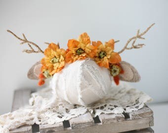 newborn infant toddler woodland fall deer fawn ear antler headband floral halo crown boho