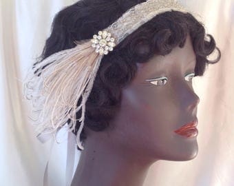 1920's headband, cream and silver flapper wedding headpiece edwardian headdress with vintage rhinestones and brown feathers - ready to ship
