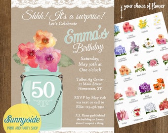 Surprise 50th Birthday Invitation - Mason Jar Birthday Party Invite - Fifty, 50th Surprise Birthday Invitation, country birthday, printable