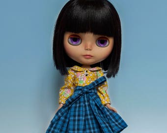 Blythe Dress / Yellow Flower & Blue Plaid