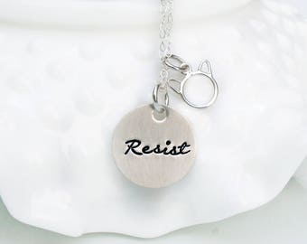 Resist Necklace - Pink Pussy Hat Necklace - Feminism - Trump Resistance - Progressive - Liberal - Resistance - Womens March - Cat Charm