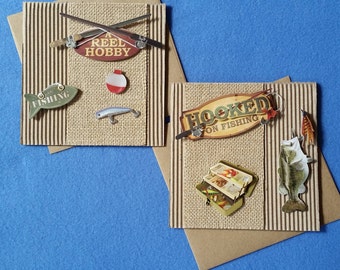 Hooked on Fishing, A Reel Hobby Handmade Cardboard Cards with burlap, fish, fishing pole, tackle box - square card for fisher