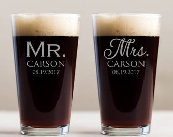 Personalized Mr. & Mrs. Pint Glasses Pair: Engraved Mr. and Mrs. Pint Glasses, Custom Mr. Mrs. Beer, Bride Groom Pint Glasses, SHIPS FAST