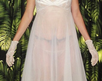 Vintage White Blanche Babydoll Nightgown 32 Bust lace sheer chiffon sissy pin up retro mid century 1950's sleepwear boudoir ILGWU gown betty