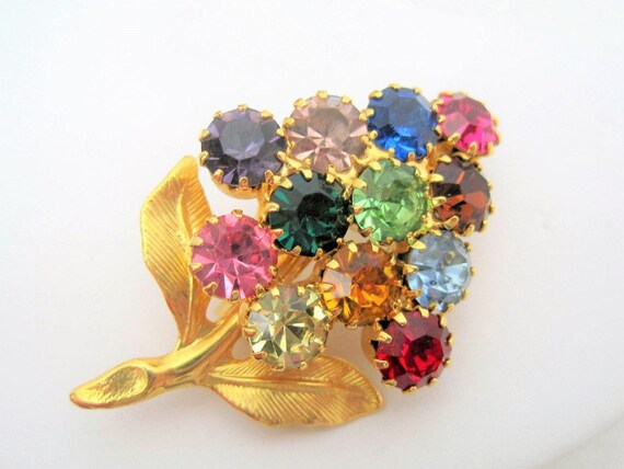 Christmas Multicolor Tree Pin - Vintage Xmas Tree - Prong Set Rhinestones - Bright and Bold