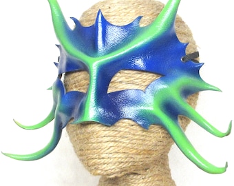 Leather Dragonet Mask, Blue and Green Fantasy Halfmask, Horned Young Water Dragon Costume Piece, Faery Creature Eyemask (M198)