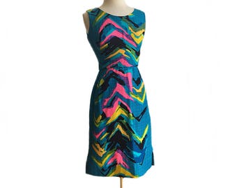 Vintage 1960s Hawaiian sheath dress/ abstract print teal blue dress/ Ja-Na of Hawaii/ neon yellow blue pink