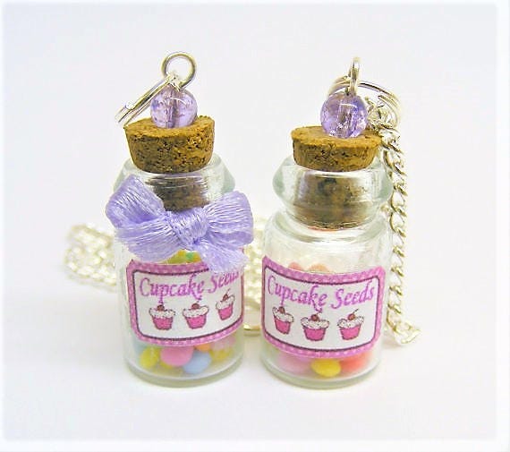 Items similar to Food Jewelry Cupcake Seeds Necklace, Miniature Bottle