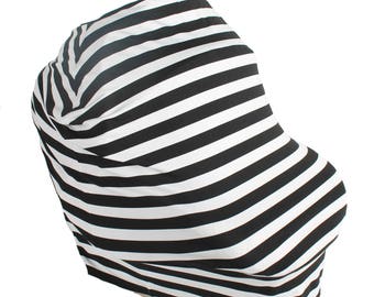 Black and White Stripe Hold Me Close Stretchy Carseat Cover and Nursing Poncho all in one - Full Coverage Nursing Cover