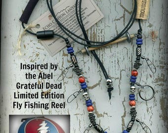 Abel Grateful Dead Reel Inspired Fly Fishing Lanyard + Tippet Holder w/ Skull, Carved Bone, Painted Wood & Wire Beads on Black 2mm Paracord