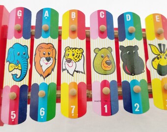 Vintage Tin Toy, Xylophone for Children, Made in Japan, Toy, Animals, Letters, Numbers, Zoo Animals, Colorful, Musical Toy Instrument