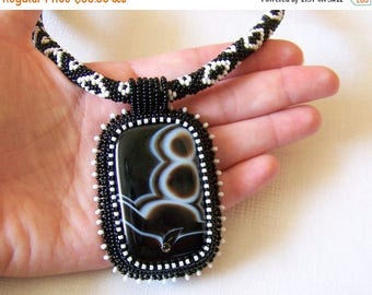 15% SALE Beadwork Bead Embroidery Pendant Necklace with Black Agate - LUCKY EIGHT - Big pendant necklace - statement black necklace
