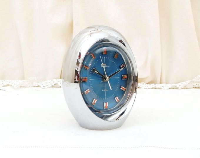 Vintage Working Mid Century 1960s Silver Egg Shaped Mechanical 2 Jewels Wind Up Alarm Clock by Fashion, Japanese Oval Clock with Blue Face