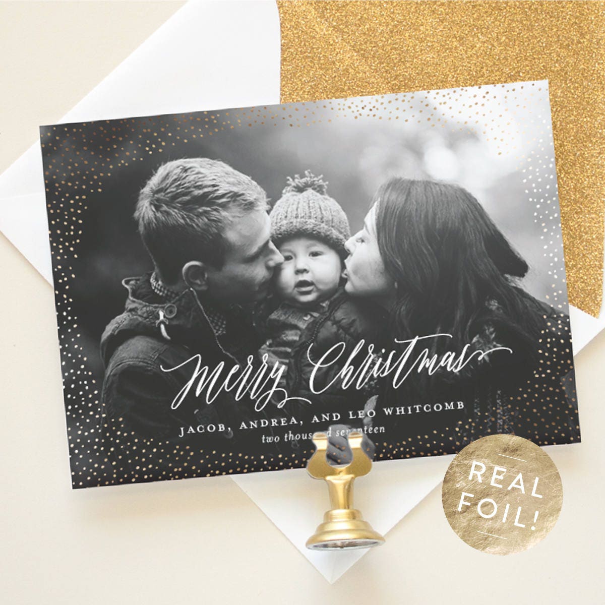 Christmas Photo Card with Gold Foil Personalized Christmas