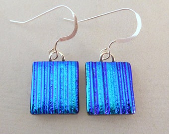 Small Blue Dichroic Glass Dangle Earrings, Fused Glass, Fused Glass Earrings, Glass Earrings, Dichroic Earrings, Dangle Earrings, Dichroic