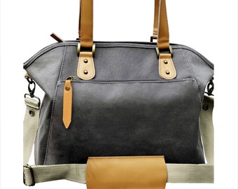 Canvas Leather Convertible Diaper Bag, Sturdy, Stand Alone, Can Worn as A Tote Bag, Messenger Bag And Backpack. Baby Accessories Included