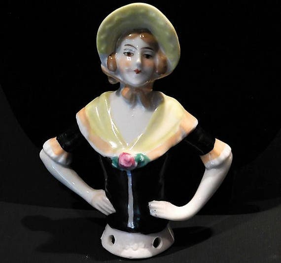 Carl Schneider Porcelain Half Doll Art Deco 1920s Germany Pincushion Pin Cushion Lady China Doll Vanity Sewing Cottage Home Decor Boudoir
