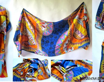 Silk scarf with the African Elephant. Wrap sarong. Hand painted Silk Shawl. Batik Hand painted Silk scarf. Made to Order.