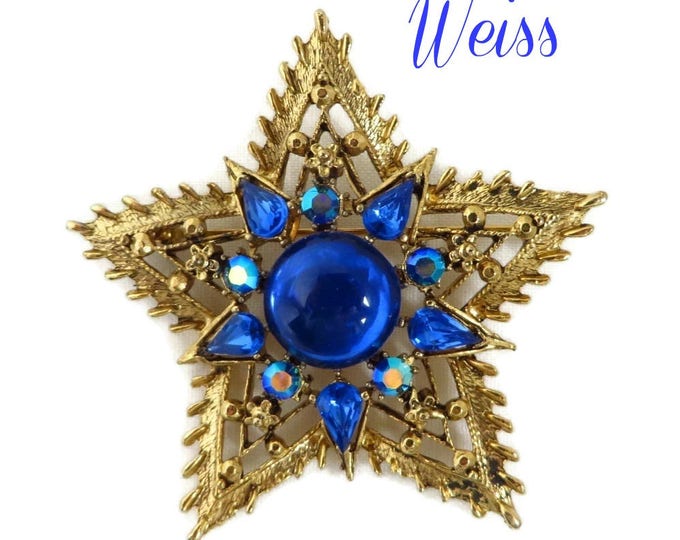 Vintage Brooch - Weiss Gold Star Brooch, Blue AB Rhinestone Spiky Gold Tone Star Pin, Perfect Gift, Gift Box
