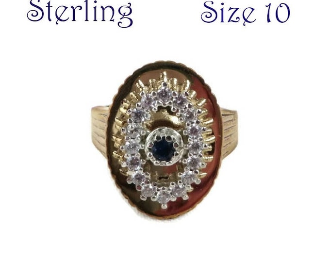 Faux Sapphire Cocktail Ring - Vintage Sterling Silver Two Tone Ring, Size 10, Gift Box, Perfect Gift
