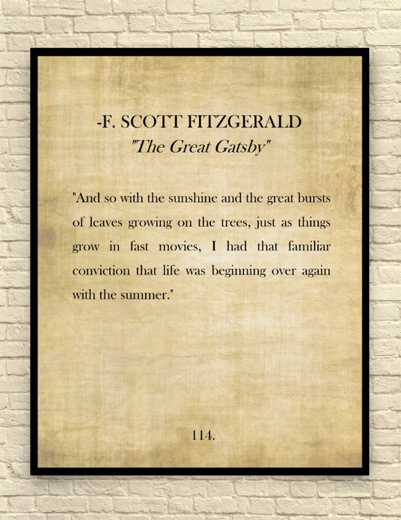 The Great Gatsby Art Print F. Scott Fitzgerald Quote Custom