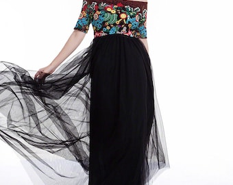 Black and Brown Tulle Skirt Maxi Length Evening Dress with Floral Accents/ Floor Length Elegant Bohemian Colorful Prom Dress D11