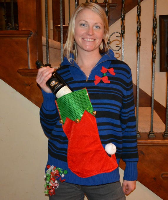 Wine holder stocking Ugly Christmas sweater Women Large new
