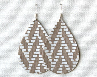 White Herringbone on Taupe Leather Tear Drop Earrings