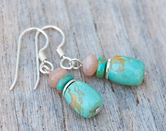 Turquoise and Moonstone Earrings, Natural Turquoise Earrings, Petite Earrings, Natural Stone, Sterling Silver, Rustic Turquoise Earrings