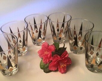Set of six amazing Anchor Hocking Golden Peaks atomic rocks glasses