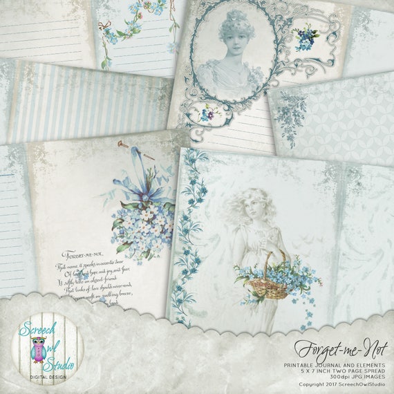 Forget-me-Not Journal Pages and Elements, Vintage Junk Journal Kit, Printable Journal, Paper Craft Supplies, Digital Pages - 'Forget-me-Not'