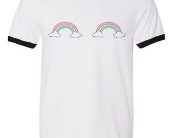 Rainbow Boobs Ringer Tee, rainbow shirt, pastel rainbow, gay pride, lgbt pride, gay rainbow, pride shirt, pride clothing, pastel goth