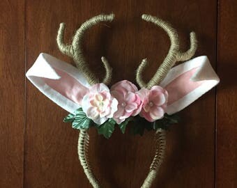 Jackalope Headdress, Jackalope Antlers with Ears, Antler Headband with Flower Crown