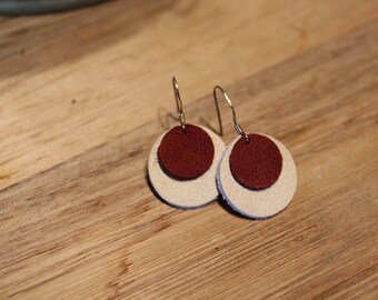 Red on White Leather Earrings: Button - College Football - Fall Jewelry - Gifts Under 20 - Boho Jewelry - Joanna Gaines Inspired