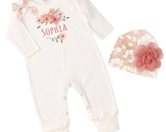Personalized Newborn Girl Coming Home Outfit, Monogram Newborn Baby Girl Outfit, Baby Girl Take Home Romper Beanie, Tesababe RP81IY-1B45PR