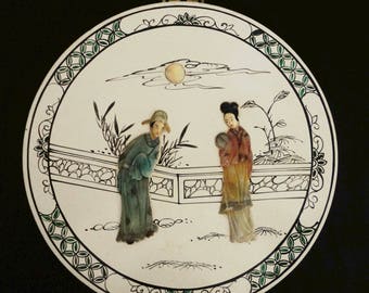 Vintage Japanese Landscape Courting Scene Wall Decor LARGE Hand Painted Medallion with 3-D Relief "Alabaster" Figures Abalone Moon Asian Art