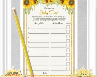 Baby Shower NAME that TUNE game with whimsical sunflowers and gold accents, diy PRINTABLE, 99BA