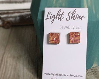Hand Sculpted and Painted Polymer Clay Pink and Gold Stud Earrings