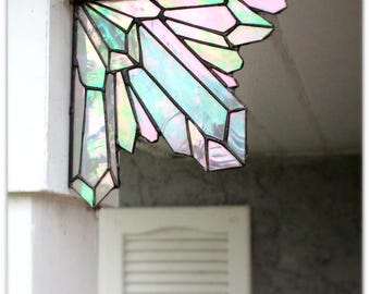 Aura Quartz Crystal Cluster corner piece, crystal clusters, stained glass, crystals, quartz, home decor, unique gifts,glass art,garden decor