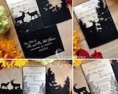 Forest laser cut wedding invitation elk kissing in the trees hidden love rustic nature event