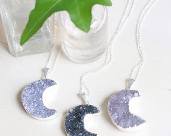 Crescent Moon Necklace, Moon Phase Necklace, Silver Moon Necklace, Moonstone Necklace, Druzy Stone Necklace, Boho Moon Necklace, Moka Moon